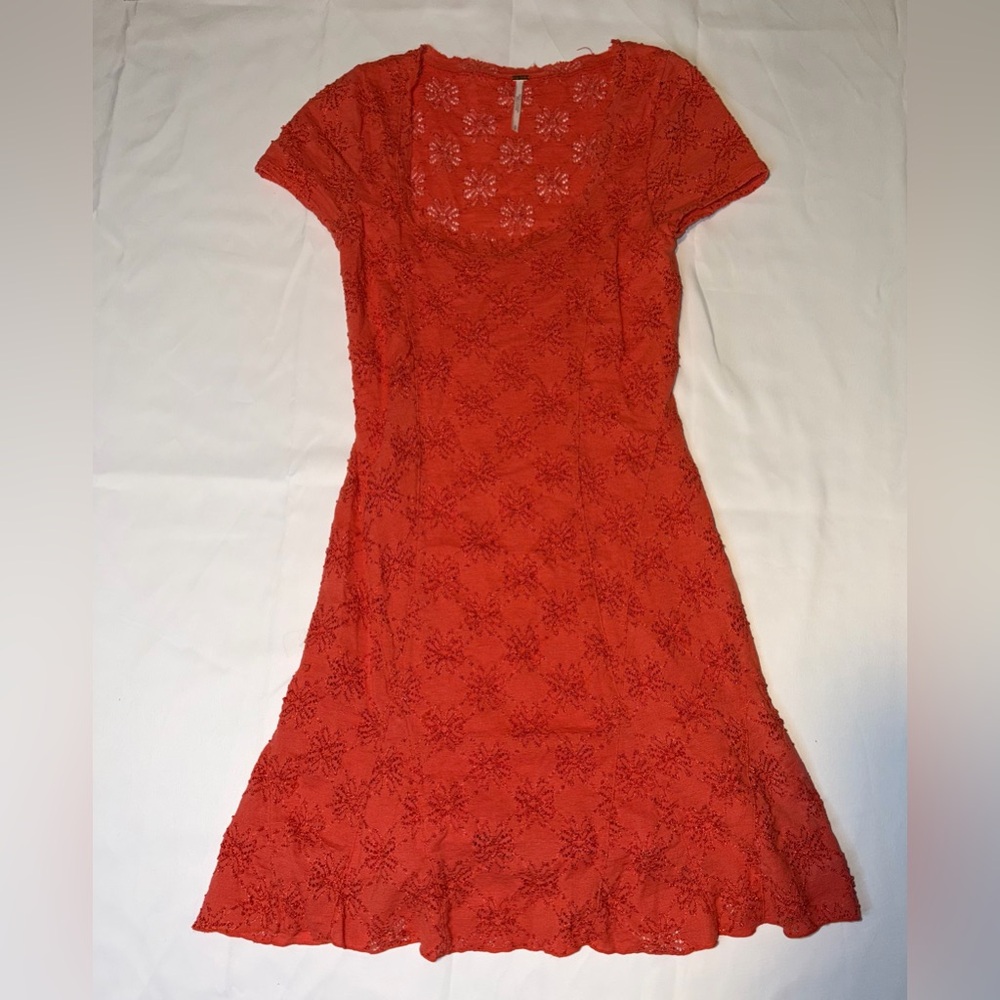Free People Lace Mini Dress Womens S Red Fit Flare Boho Short Sleeve